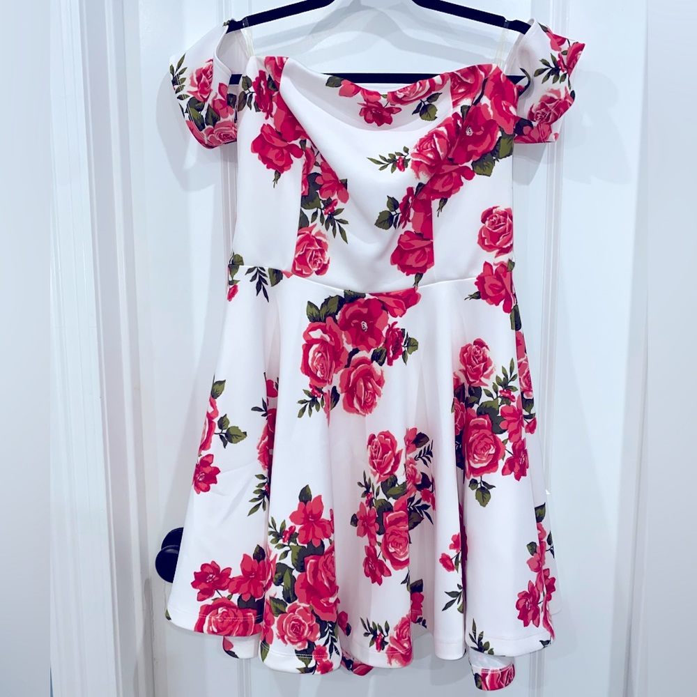 White floral off the shoulder dress.